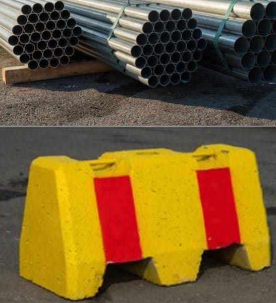 Liikenteenohjaus Betoniporsas maalattu 200kg ja liikennemerkkiputki 60x2700mm